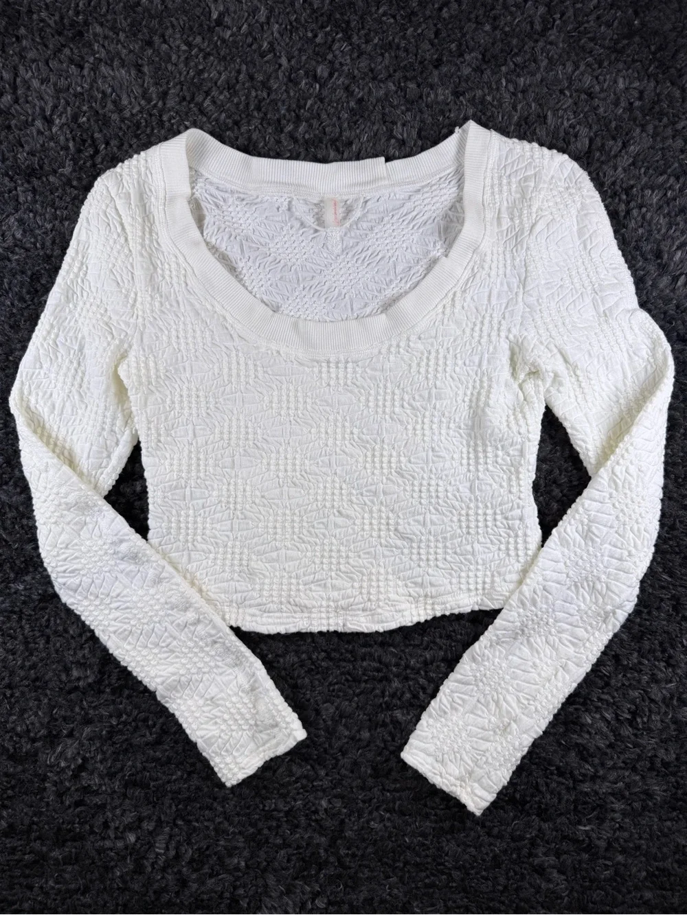 Free People White Textured Long Sleeve Crop Top
